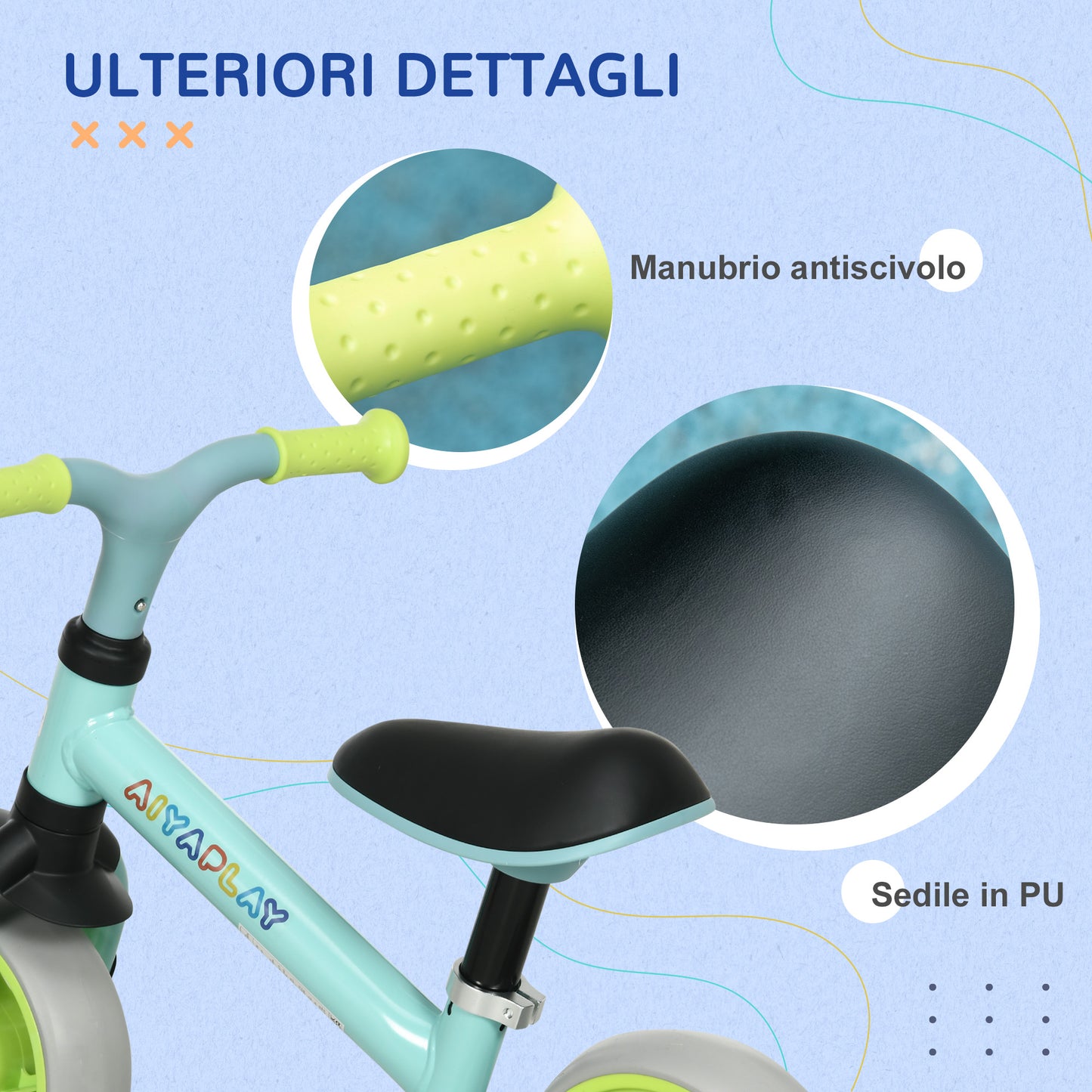 AIYAPLAY Balance Bike for Children up to 4 years with Adjustable Saddle, in Steel, PP, PU and TPR, 66.5x34x47 cm - Borgè