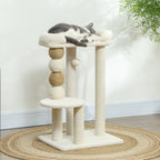 Cat Tower with Bed, Platform and Toy Ball, Made of Wood, Plush and Jute, 48.5x40x76 cm, Beige