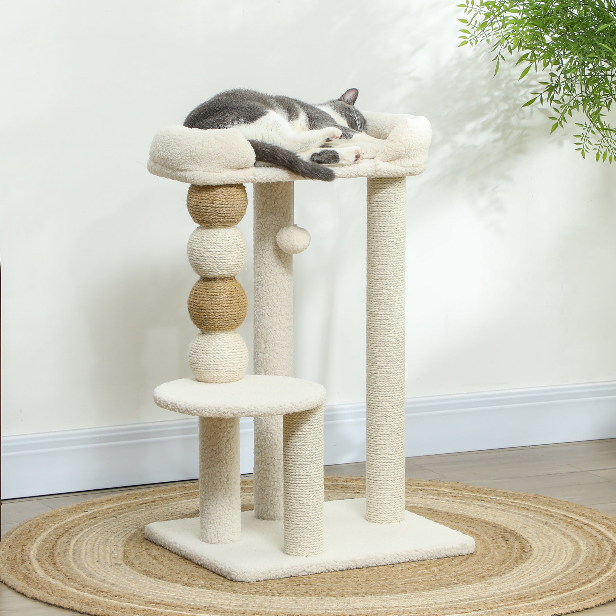 Cat Tower with Bed, Platform and Toy Ball, Made of Wood, Plush and Jute, 48.5x40x76 cm, Beige
