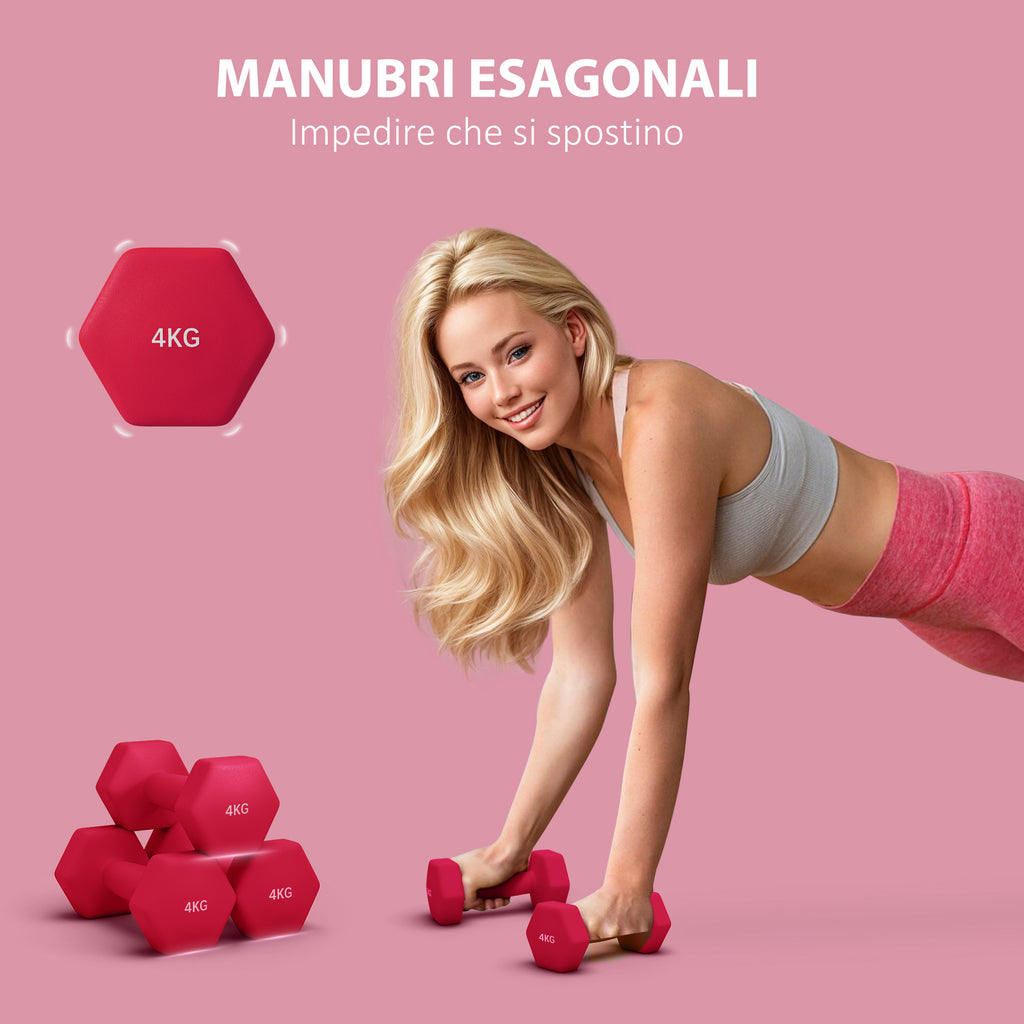 SPORTNOW Set of 2 Hexagonal Dumbbells weighing 2x4 kg in Metal and Plastic with Non-Slip Grip, 19x9x9 cm, Red
