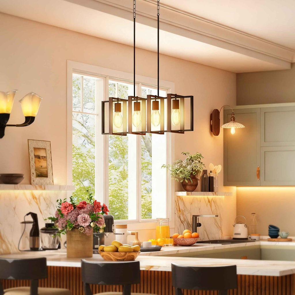 HOMCOM Rustic Pendant Light with 4 Rotatable Frames and Adjustable Chain, 80x21x90-130 cm, Black and Brown