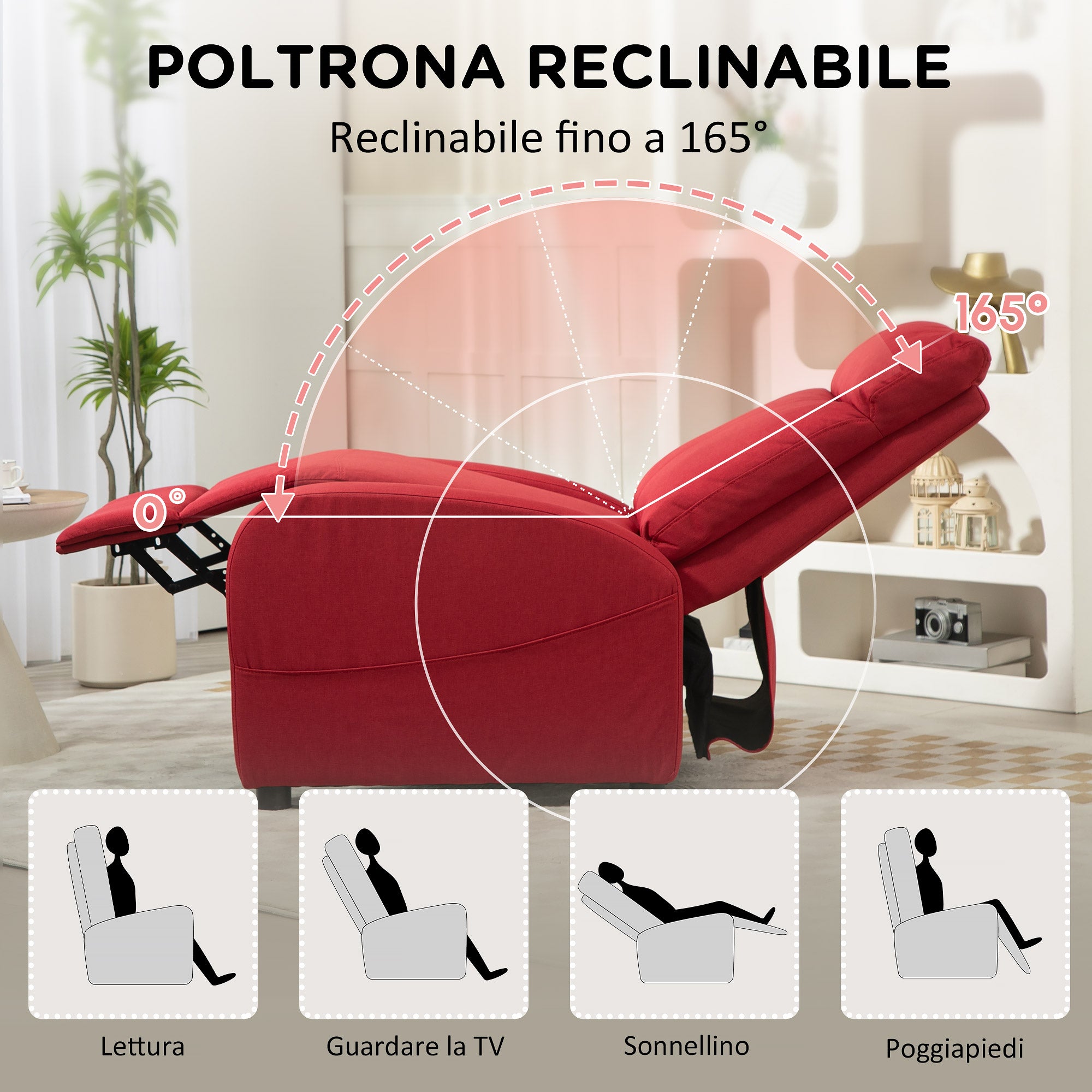 Reclining Relax Chair with Footrest in Linen Effect Fabric, 69x85x100 cm, Red
