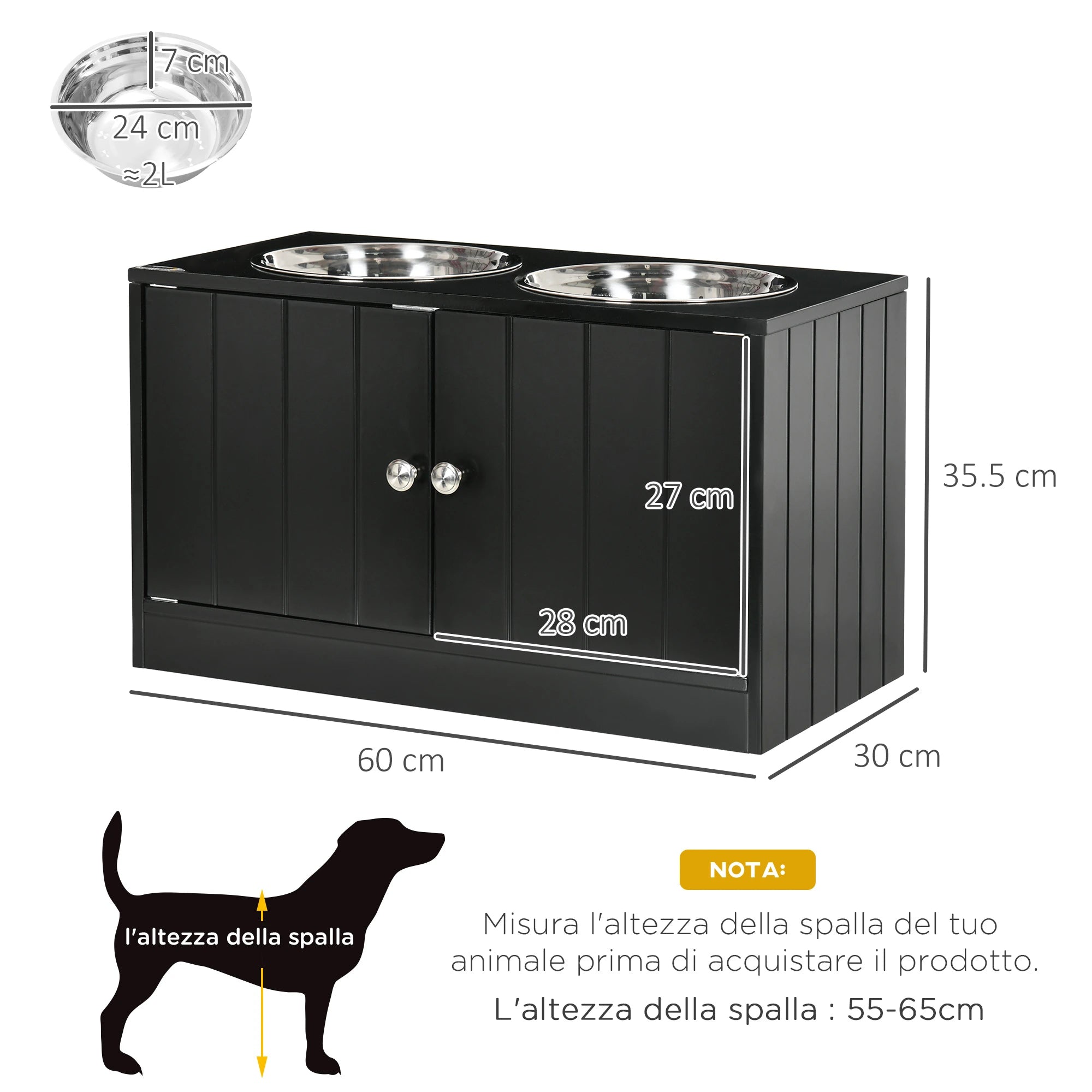 Raised Dog Bowl with Storage Compartment, 2 Removable Stainless Steel Bowls, 60x30x35.5cm, Black - Borge' Group Limited