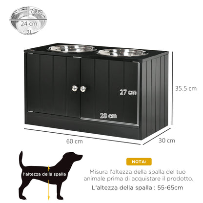 Raised Dog Bowl with Storage Compartment, 2 Removable Stainless Steel Bowls, 60x30x35.5cm, Black