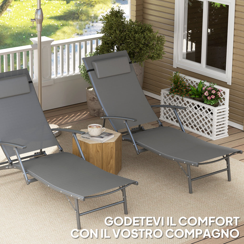 Set of 2 Folding Garden Deckchairs with 4-Level Adjustable Backrest and Cushion, Gray