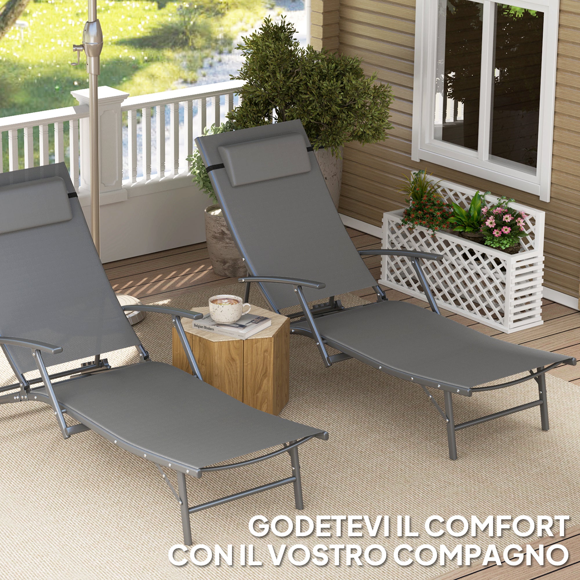 Set of 2 Folding Garden Deckchairs with 4-Level Adjustable Backrest and Cushion, Gray