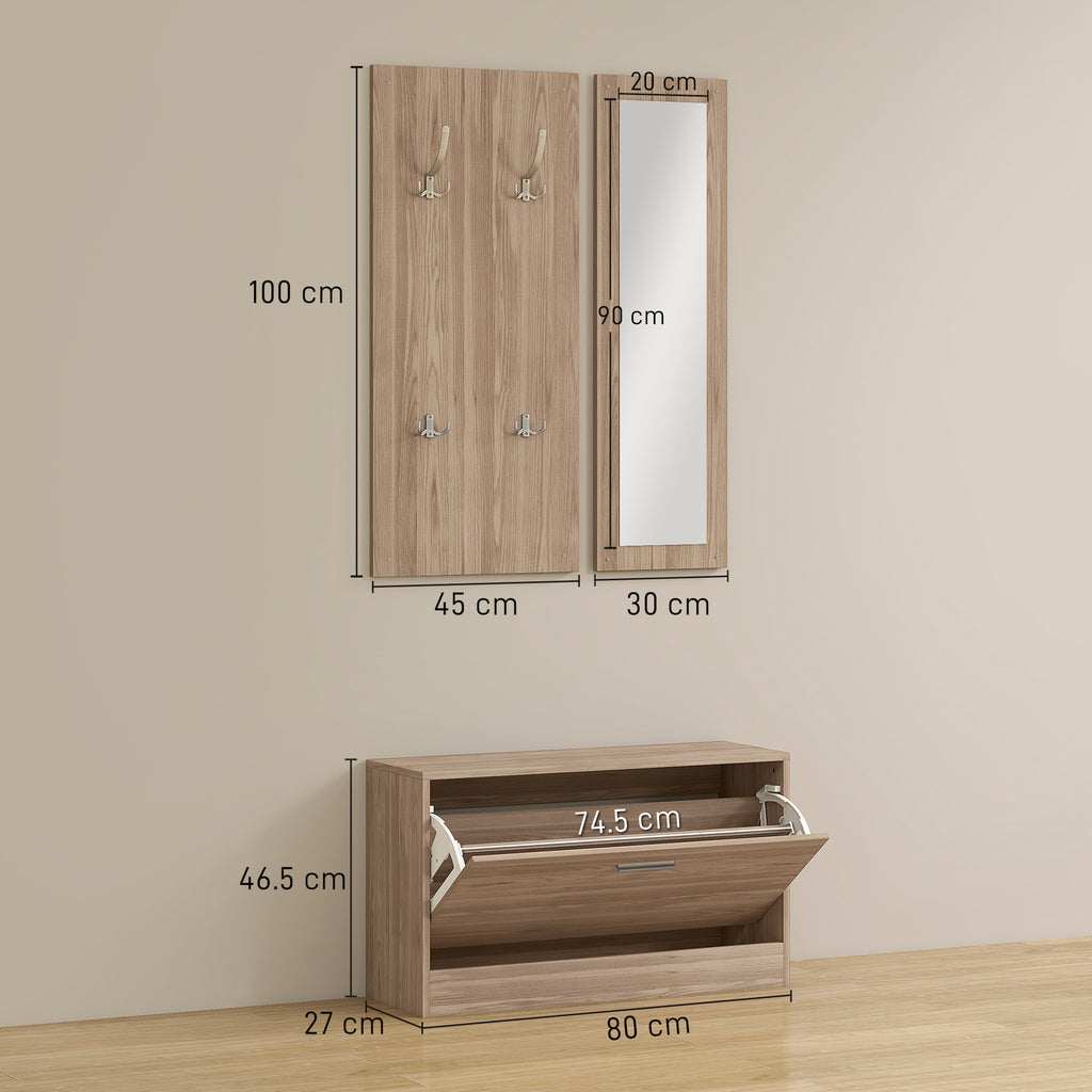 Hallway Furniture Set with Shoe Bench, Wall-Mounted Coat Rack and Mirror, 80x27x46.5 cm, Dark Brown