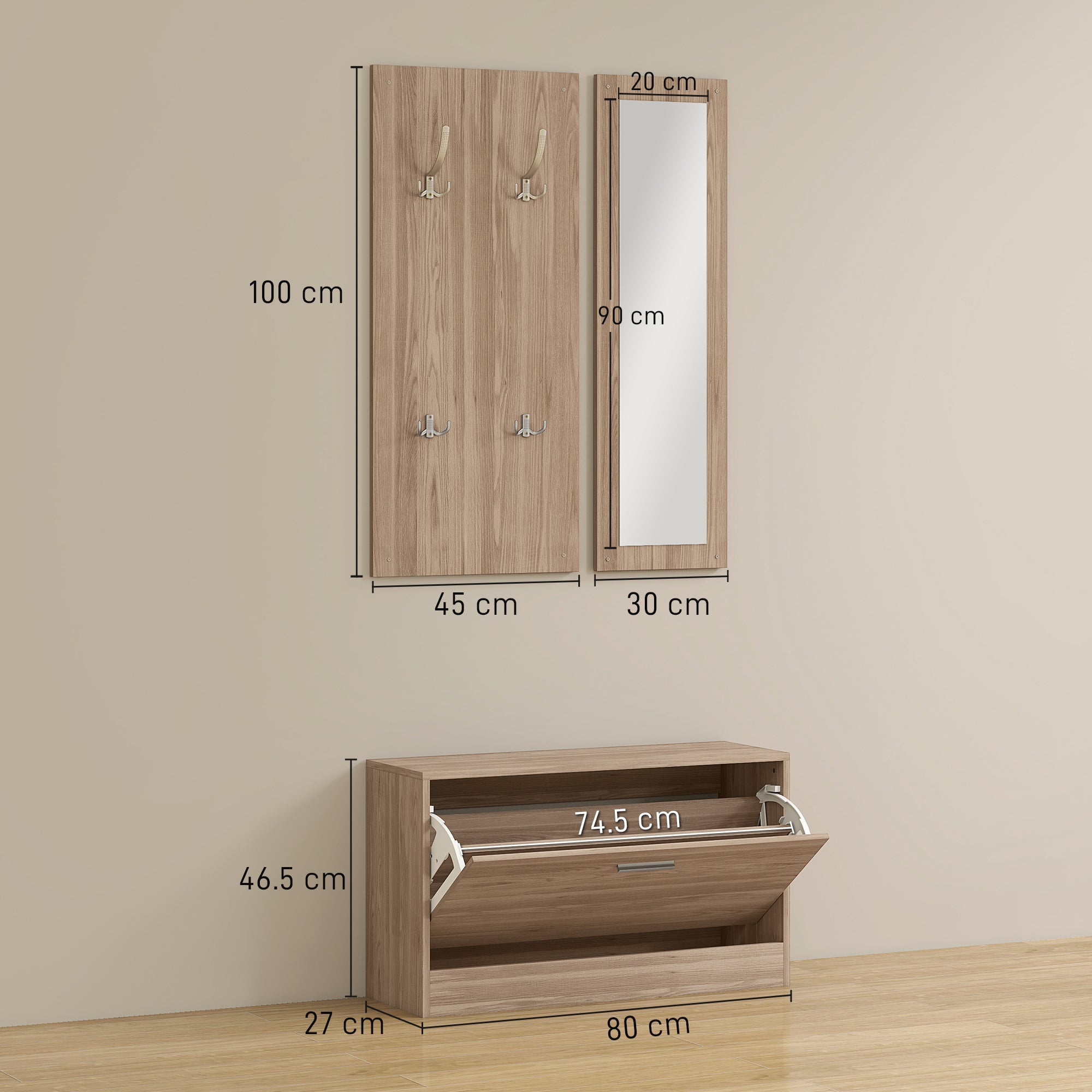 Hallway Furniture Set with Shoe Bench, Wall-Mounted Coat Rack and Mirror, 80x27x46.5 cm, Dark Brown