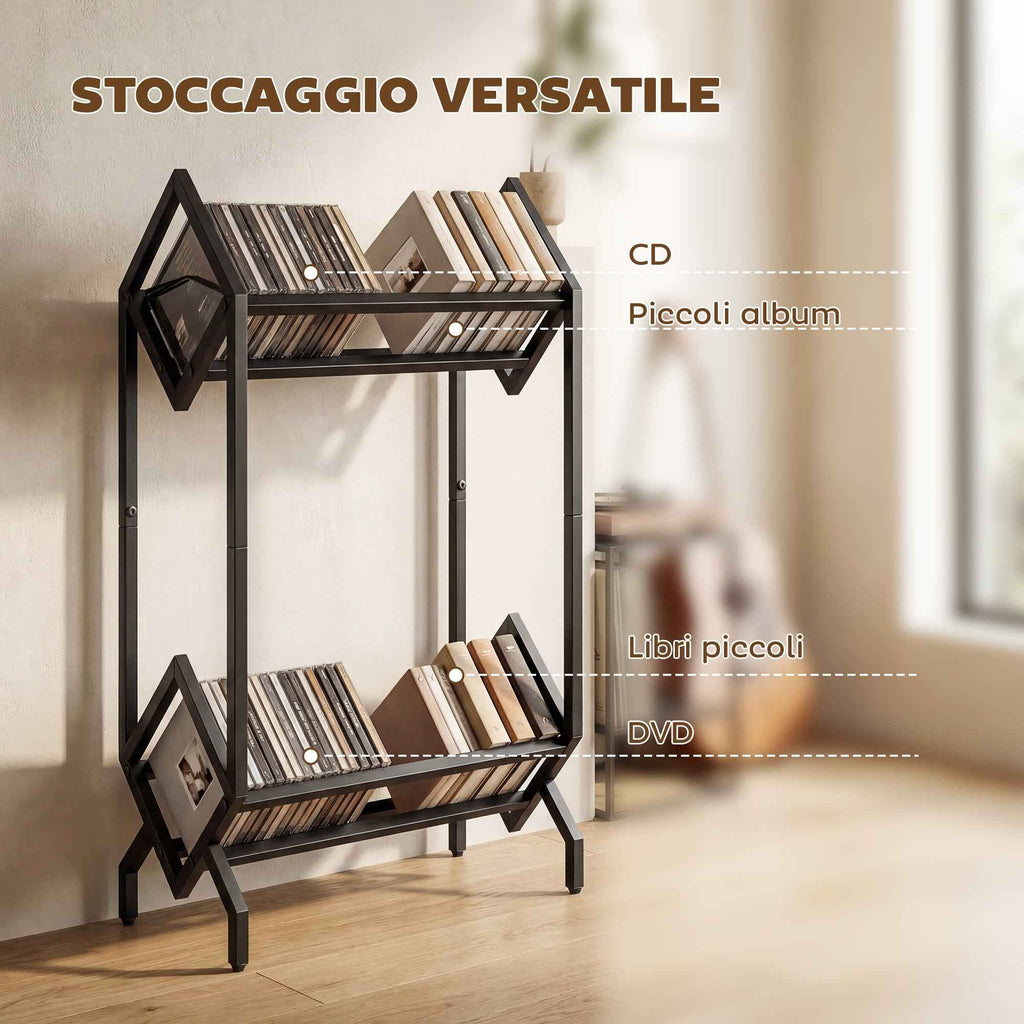 HOMCOM 50 CD Holder, 2-Tier Metal Vinyl Record Rack for DVDs, Books, Albums, Black