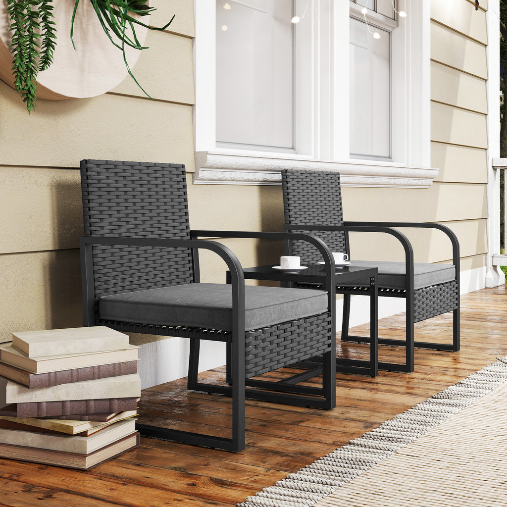 Outsunny Rattan Garden Lounge Set with 2 Outdoor Armchairs and Glass Top Coffee Table, Black