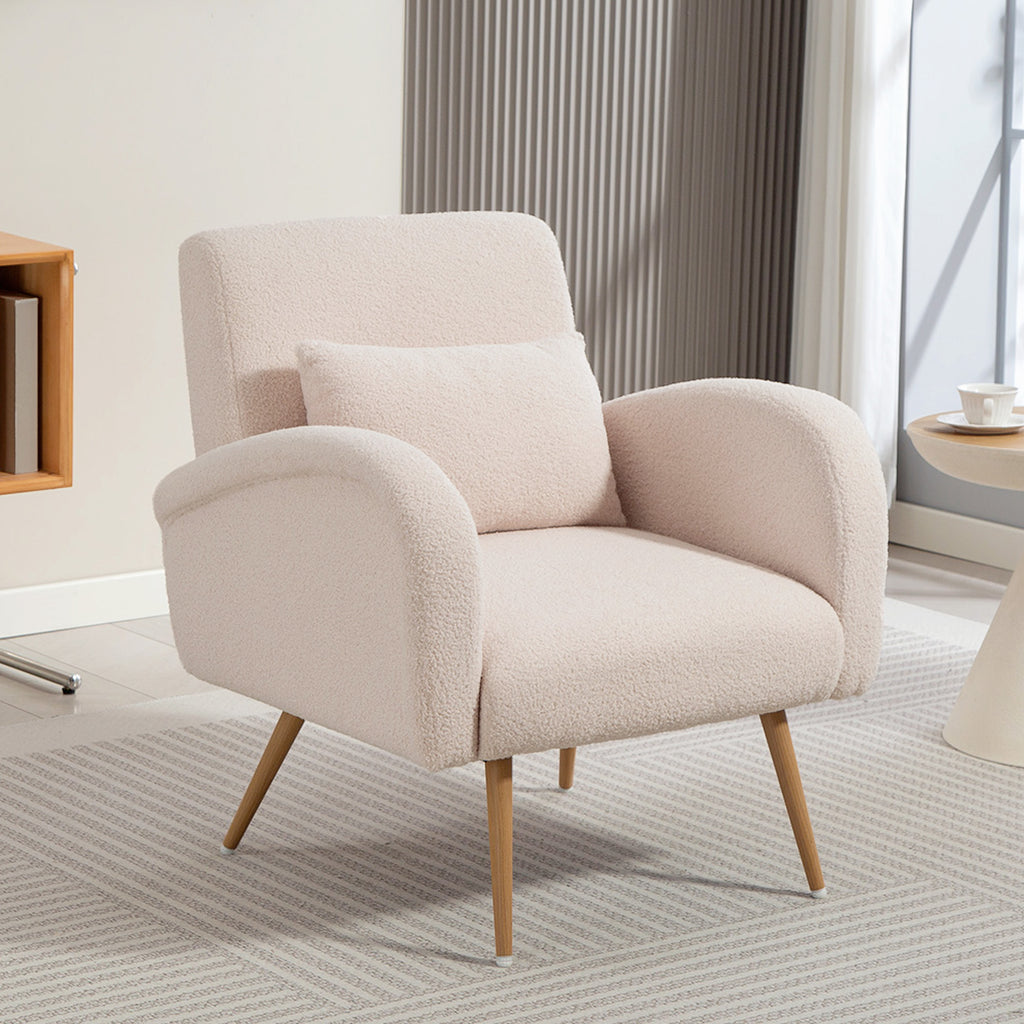 Modern Living Room Armchair in Teddy Fabric with Removable Lumbar Cushion, 77x77x83 cm, Beige