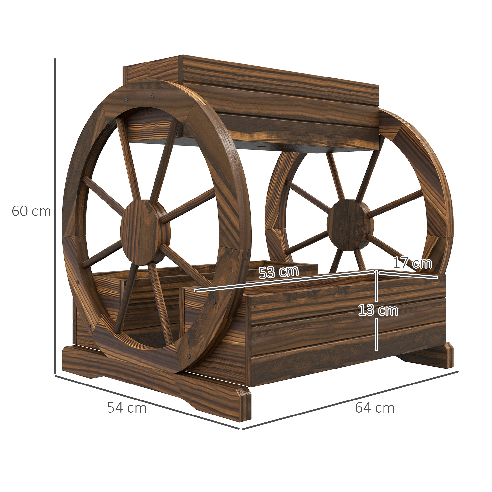 Outsunny Wooden Wood Fioriera at 2 levels with 3 vases and Country -style wagon wheels, 64x54x60cm - Borgè