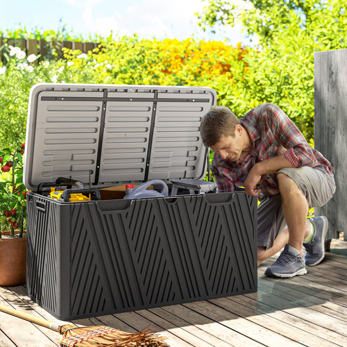 380L Storage Bench in HDPE with 2 Side Handles and Gas Lever, 115x60x60 cm, Black and Gray