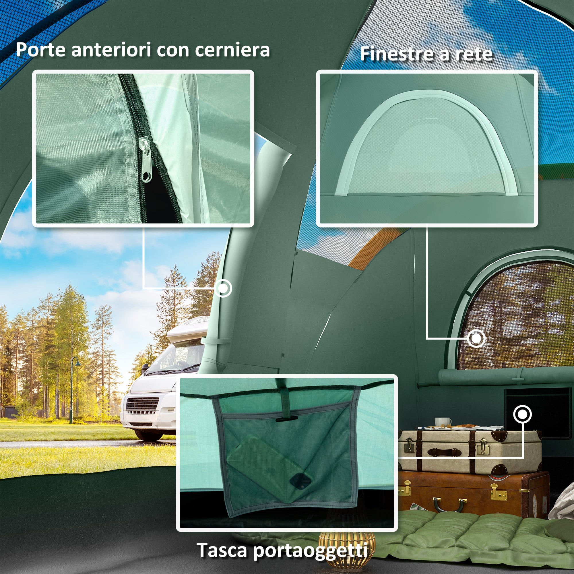 4-Person Water-Repellent Camping Tent with UV Protection, Fiberglass Poles, 4.55x2.3x1.8 m, Green