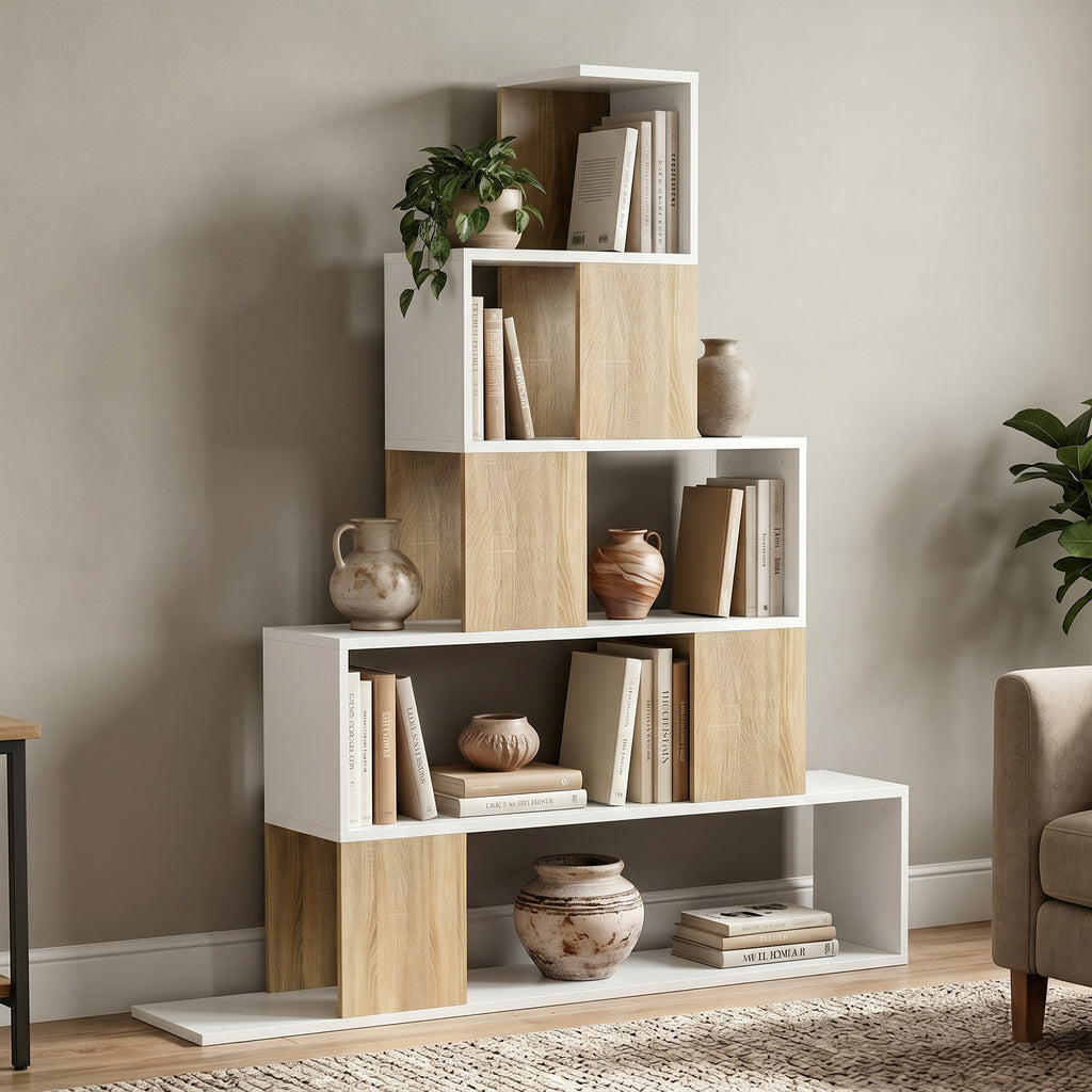 HOMCOM Modern 5-Tier Bookcase with Step Design, 120x22x131.5 cm, White and Wood