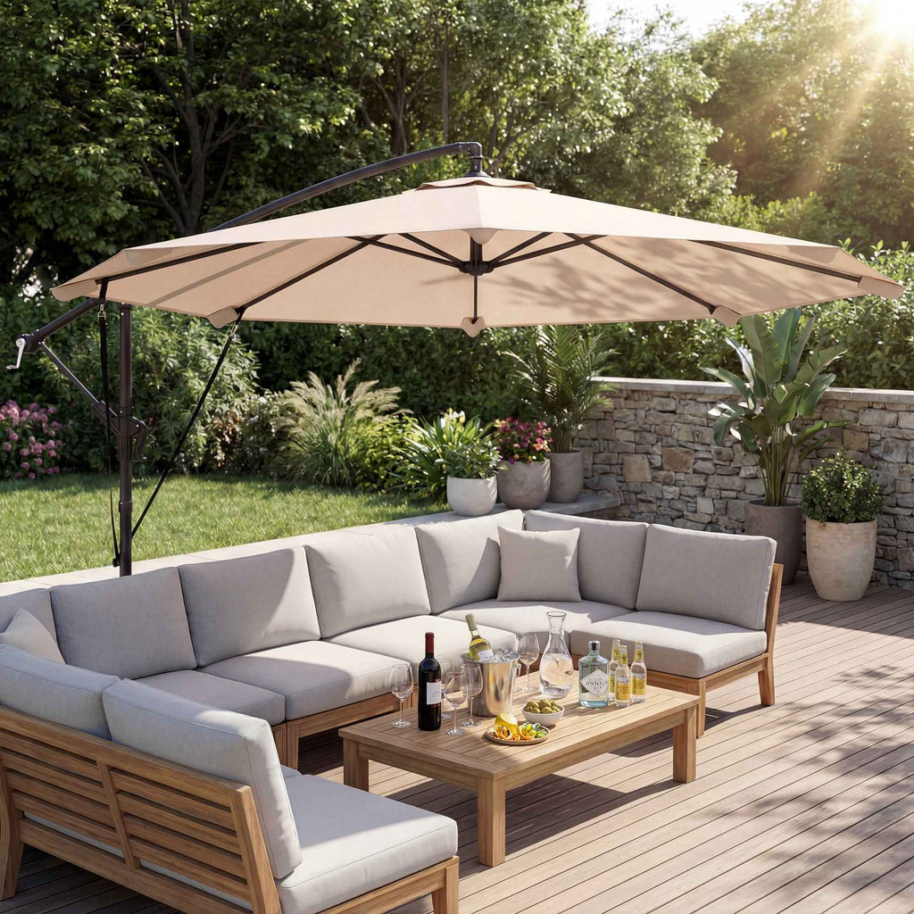 Outsunny 3m Cantilever Umbrella with Cross Base and Crank Handle, in Metal, PP and Polyester, Khaki