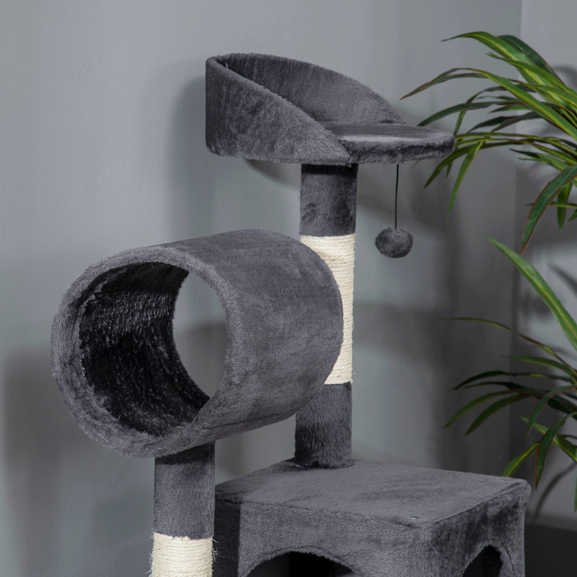Cat Tree with Cat Scratching Post, Cat House, Hammock, Bed, Tunnel and Ball, 48x48 x125 cm, Dark Grey - Borge' Group Limited