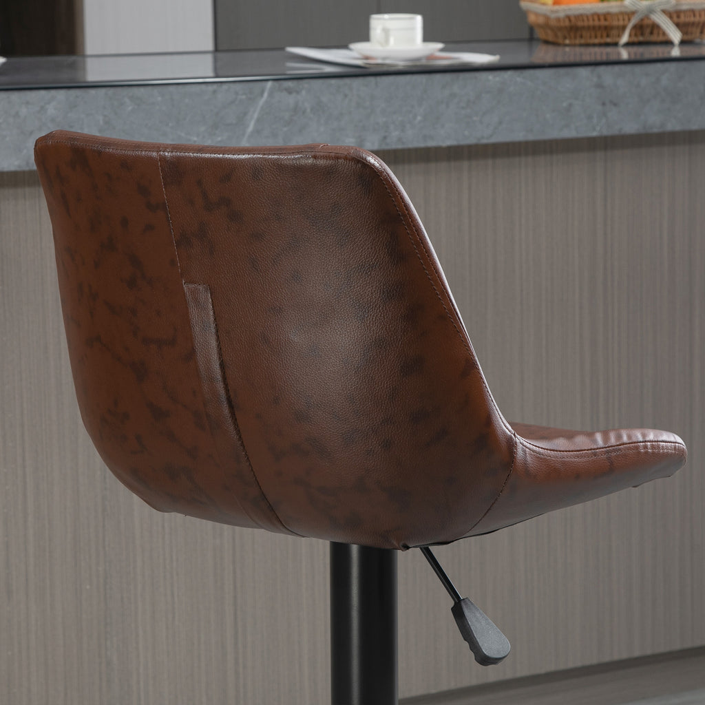 Set of 2 Vintage Brown Faux Leather Bar Stools with Footrest and Round Base, 46.5x50x88-108 cm