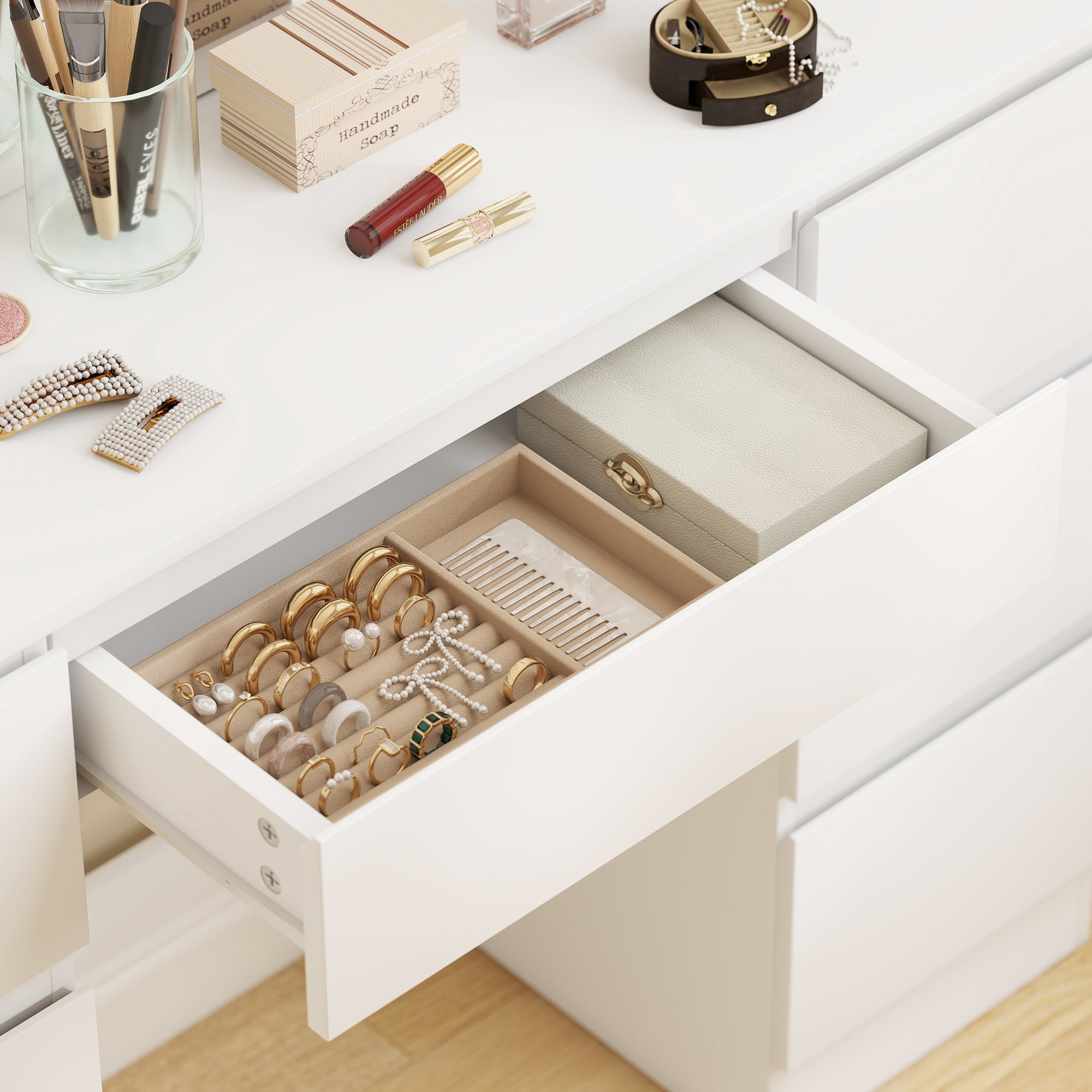 Hollywood-Style Makeup Table with Mirror, 8 LED Lights, 7 Drawers and Padded Stool, White