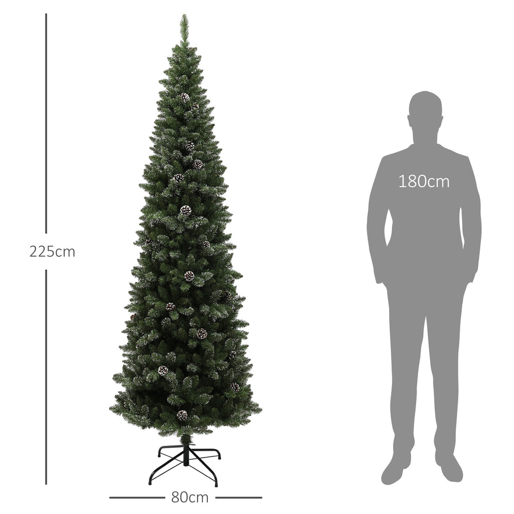225cm Tall Snow-Covered Christmas Tree with 980 Branches, Pine Cones and Steel Base