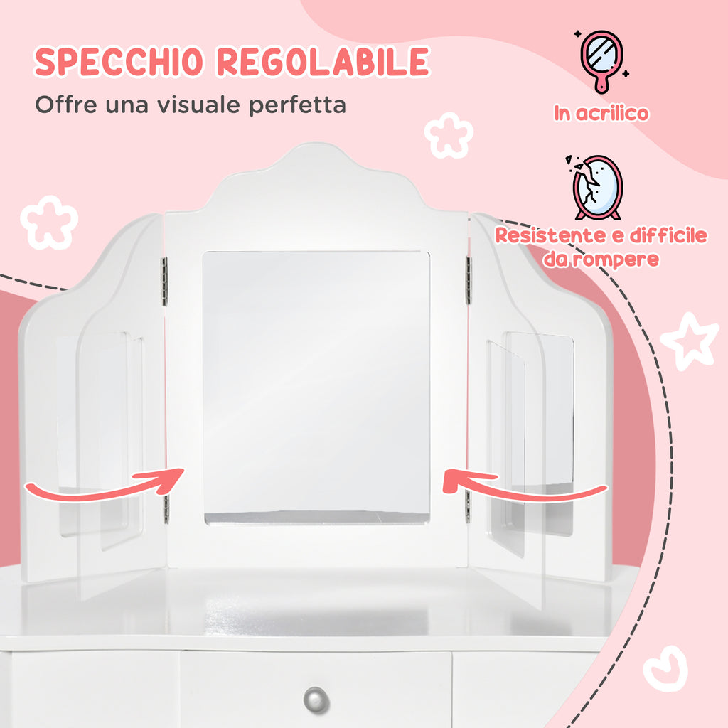 Children's Dressing Table with Stool and Triple Mirror, Wood and Acrylic, 63x40x85.5 cm, White