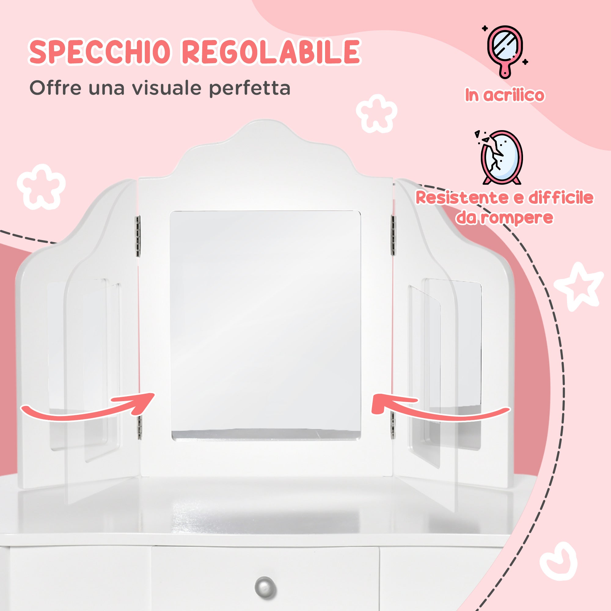 Children's Dressing Table with Stool and Triple Mirror, Wood and Acrylic, 63x40x85.5 cm, White