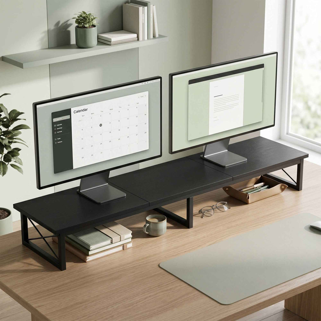 HOMCOM Monitor Stand, Wooden Desk Riser with 2 Storage Compartments, Black