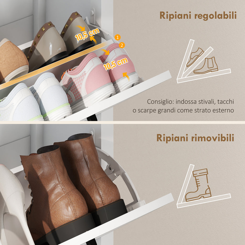 HOMCOM Country Shoe Rack with 2 Flap Drawers, Adjustable Shelves, White Design.