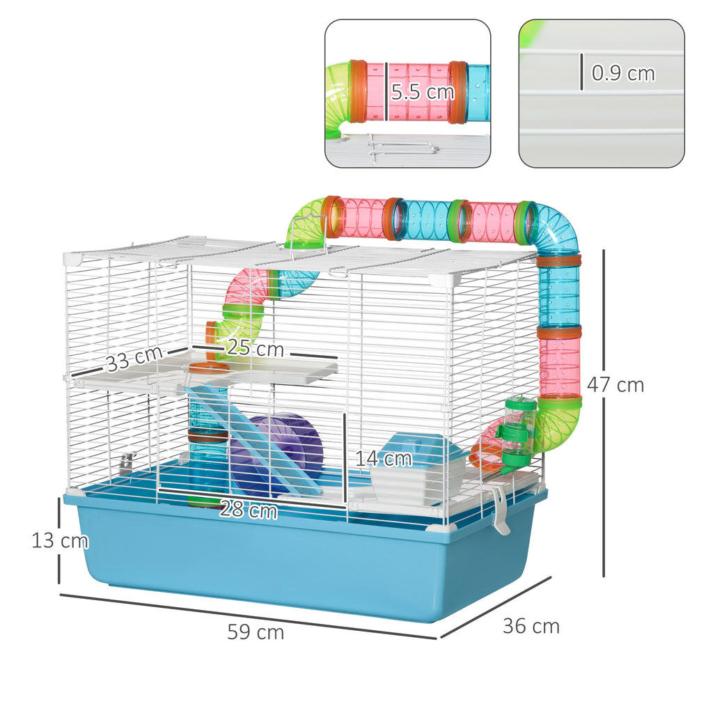3-Tier Hamster Cage with Tubes, House, Water Tank and Wheel, 59x36x47 cm