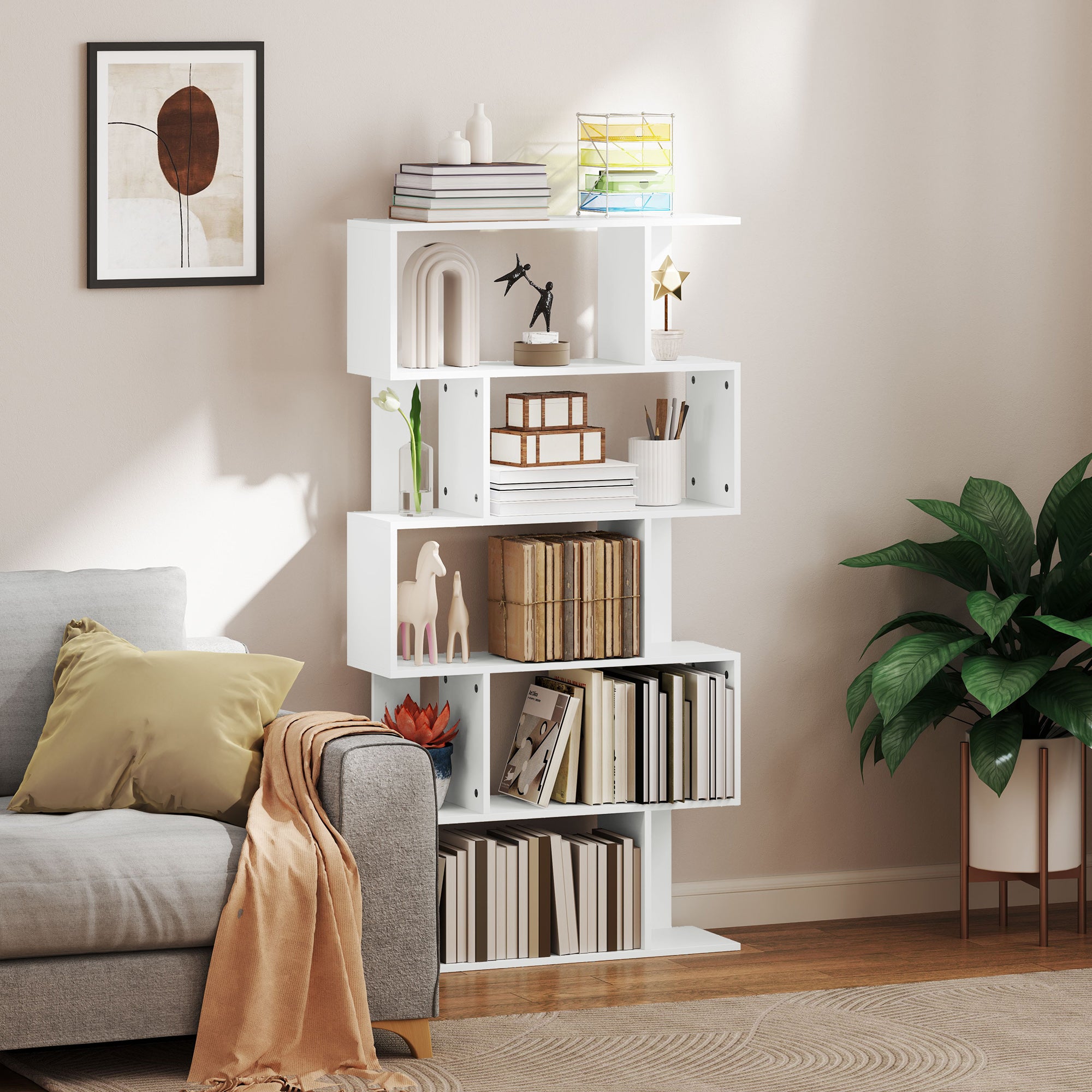 5-Tier S-Shaped Asymmetric Bookcase with 10 Open Shelves, Wooden, 80x24x159 cm, White