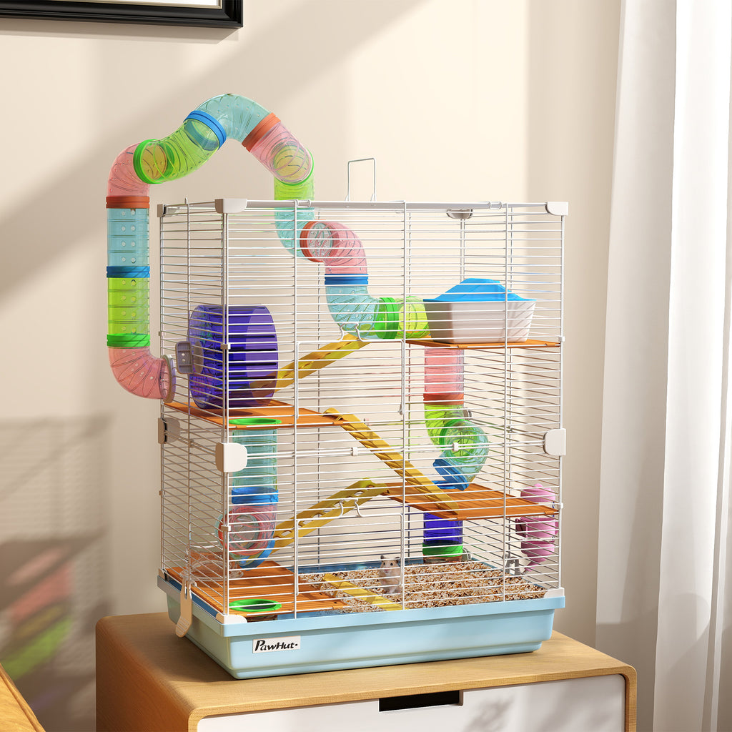 5-Level Hamster Cage with Tubes, Wheel, Ladders, House and Bottle, Made of Metal, PP and PS, 46x30x58 cm
