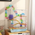 5-Level Hamster Cage with Tubes, Wheel, Ladders, House and Bottle, Made of Metal, PP and PS, 46x30x58 cm
