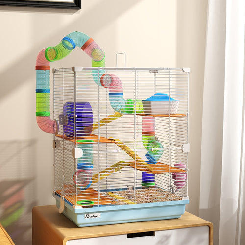5-Level Hamster Cage with Tubes, Wheel, Ladders, House and Bottle, Made of Metal, PP and PS, 46x30x58 cm