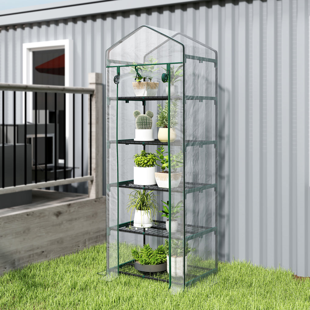 Outsunny 5-Tier Steel Mini Greenhouse for Garden and Terrace Plants with PVC Cover, 69x49x193 cm, Green