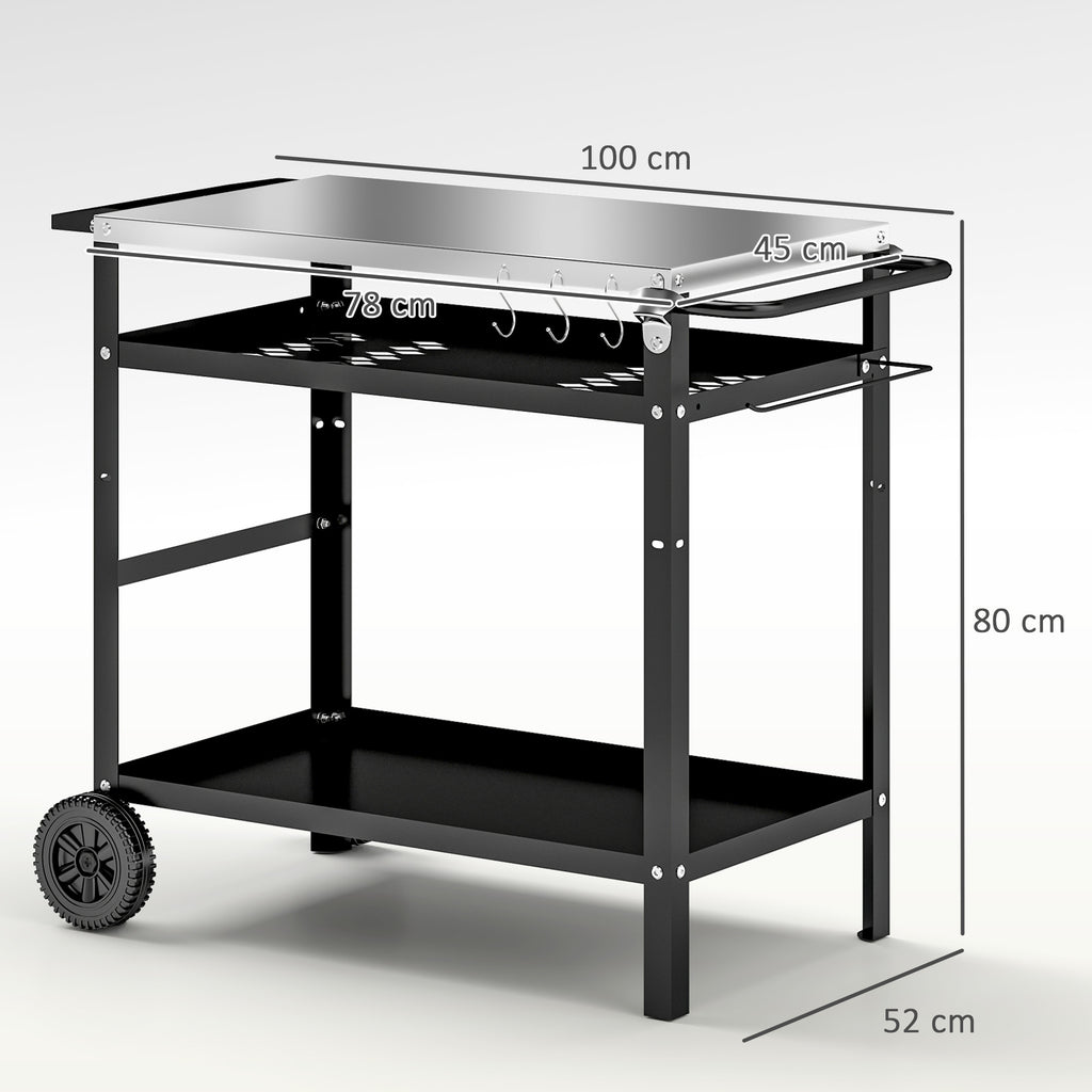 Barbecue Cart with Steel Top and Adjustable Shelf, Wheels and Hooks, 100x52x80 cm, Black