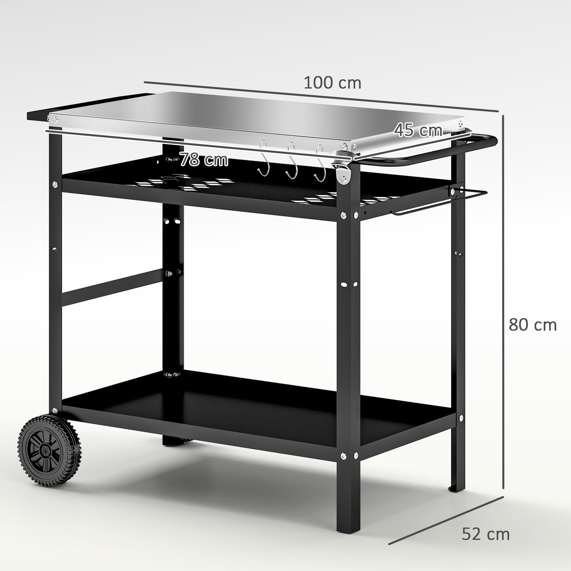 Barbecue Cart with Steel Top and Adjustable Shelf, Wheels and Hooks, 100x52x80 cm, Black