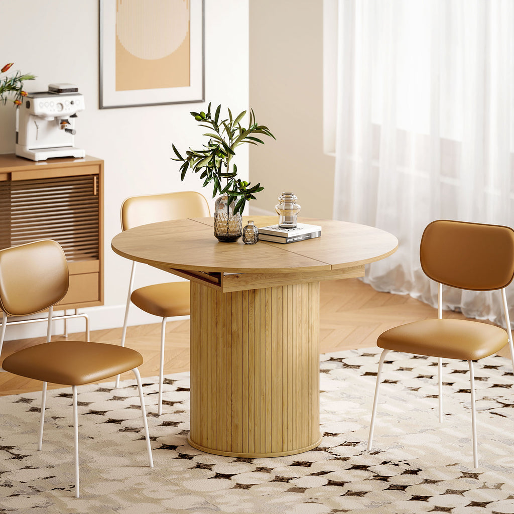Expandable Round to Oval Pedestal Table for 6-8 People, Wood and Steel, Wood Color