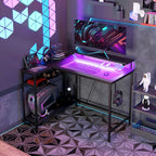 Reversible Corner Desk with LED, Power and USB Sockets, Shelves and Monitor Stand, Black