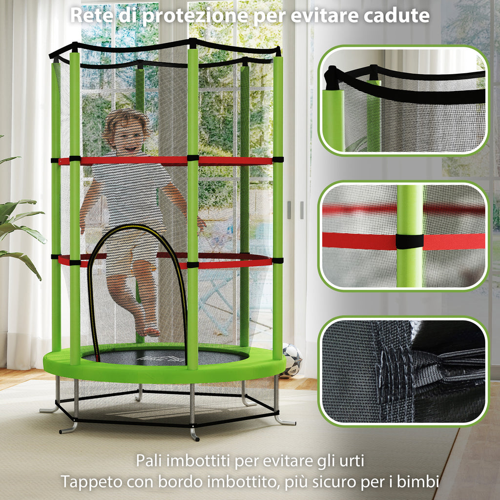 Trampoline for Children 3-6 Years with Safety Net, 6 Columns and 3 Entrances, Ø140x190 cm, Green and Black