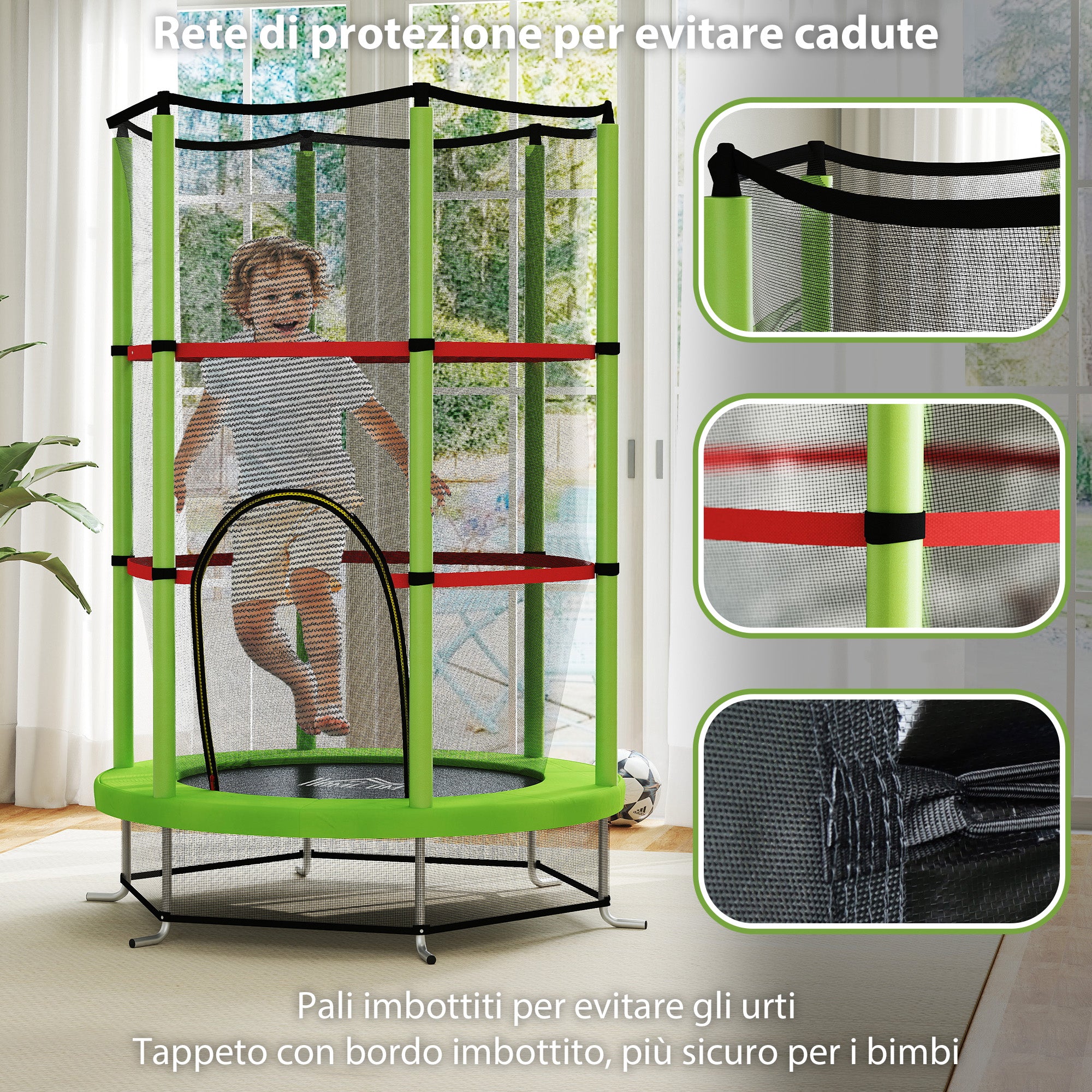 Trampoline for Children 3-6 Years with Safety Net, 6 Columns and 3 Entrances, Ø140x190 cm, Green and Black