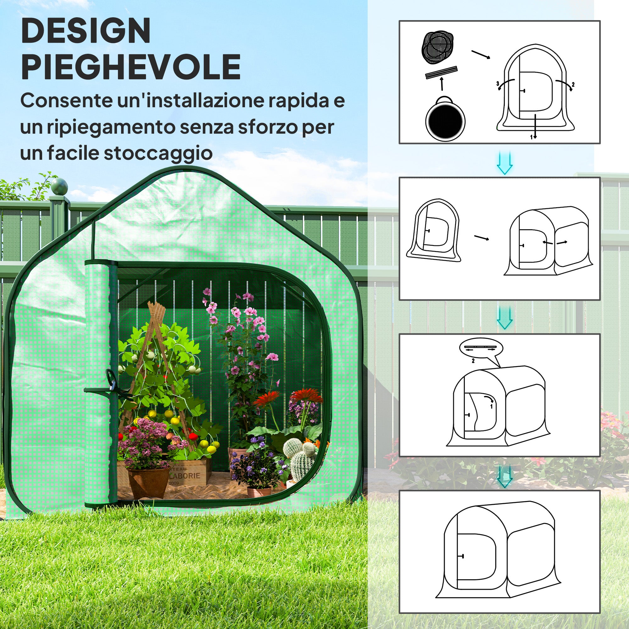 Folding House Greenhouse with Hinged Door, Steel and PE, 150x148x148 cm, Green