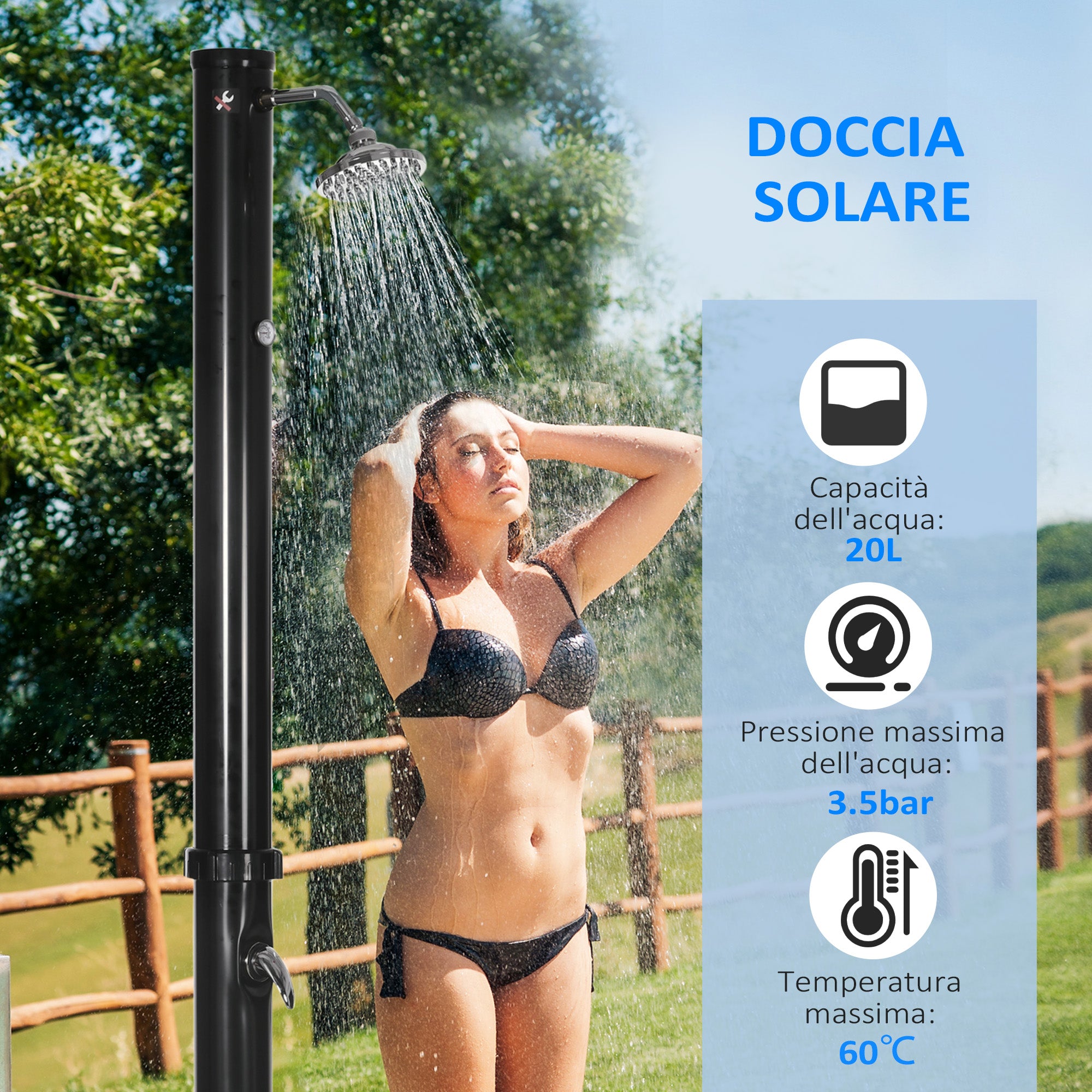 20L Solar Shower with Bottom Tap and Adjustable Temperature, Zinc Alloy, 15.5x15. 5x222 cm, Black