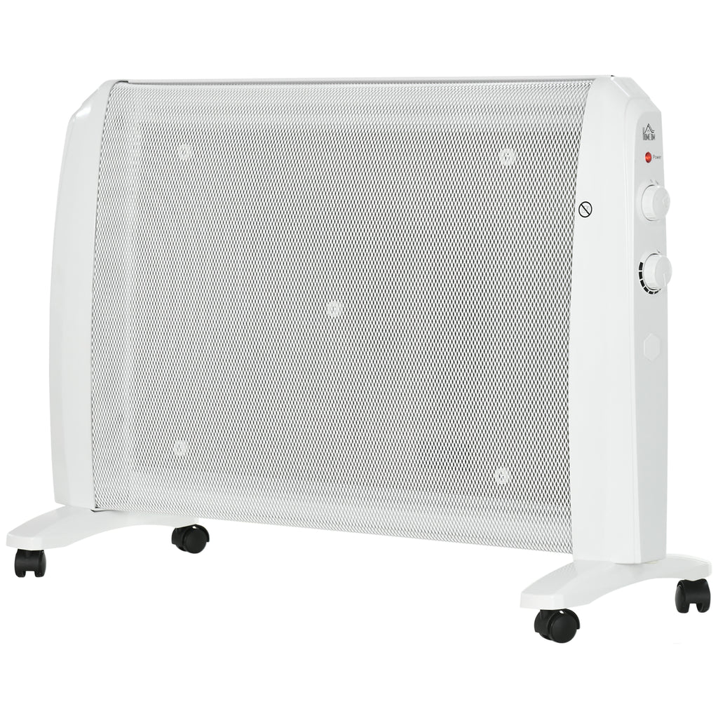 HOMCOM 1000W/2000W Electric Mica Heater with Adjustable Thermostat, 4 Wheels, 15-20 m², White