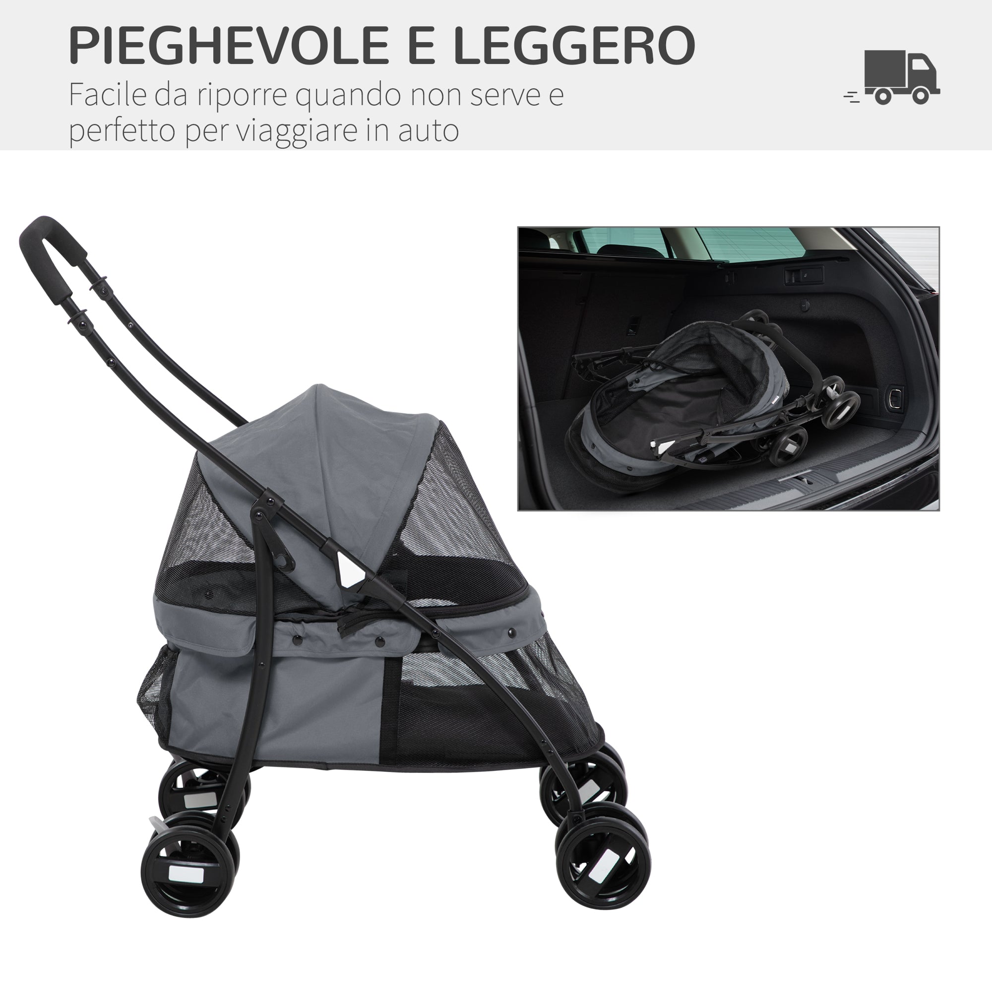 Folding Dog Stroller with Adjustable Canopy, Bag and 2 Leashes, 82x47x97 cm, Gray and Black