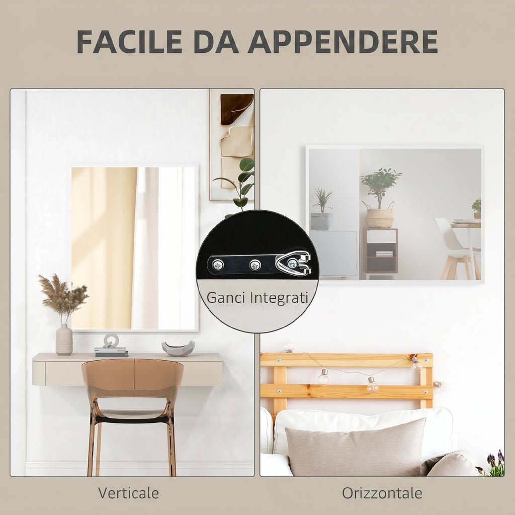 HOMCOM Rectangular Wall-Mounted Bathroom Mirror with Hooks, Glass and MDF Bedroom Mirror, 70x90 cm, White