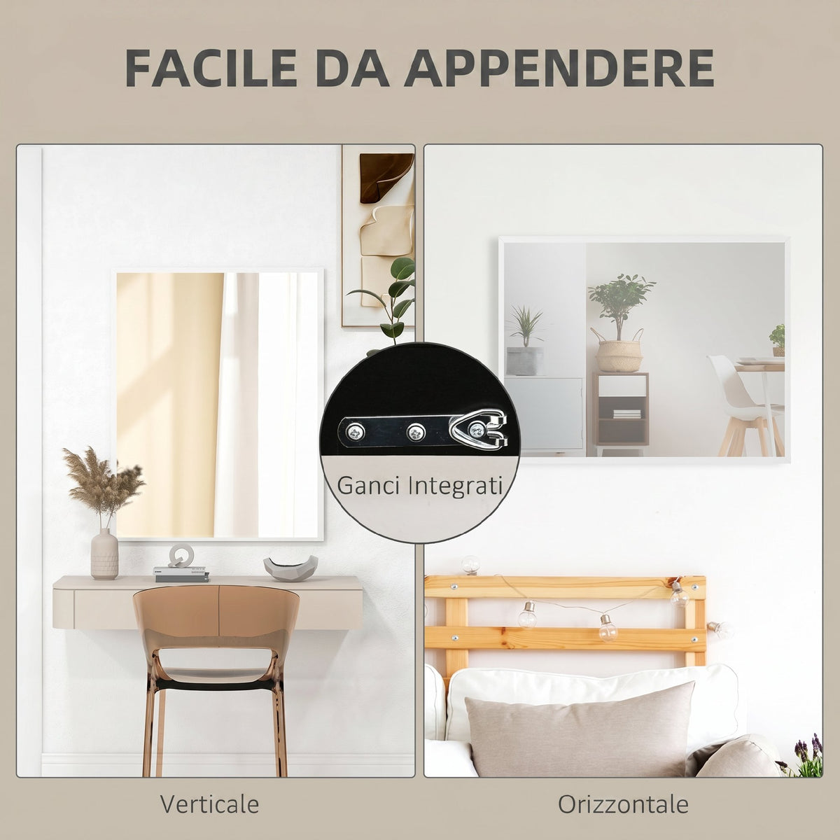 HOMCOM Rectangular Wall-Mounted Bathroom Mirror with Hooks, Glass and MDF Bedroom Mirror, 70x90 cm, White