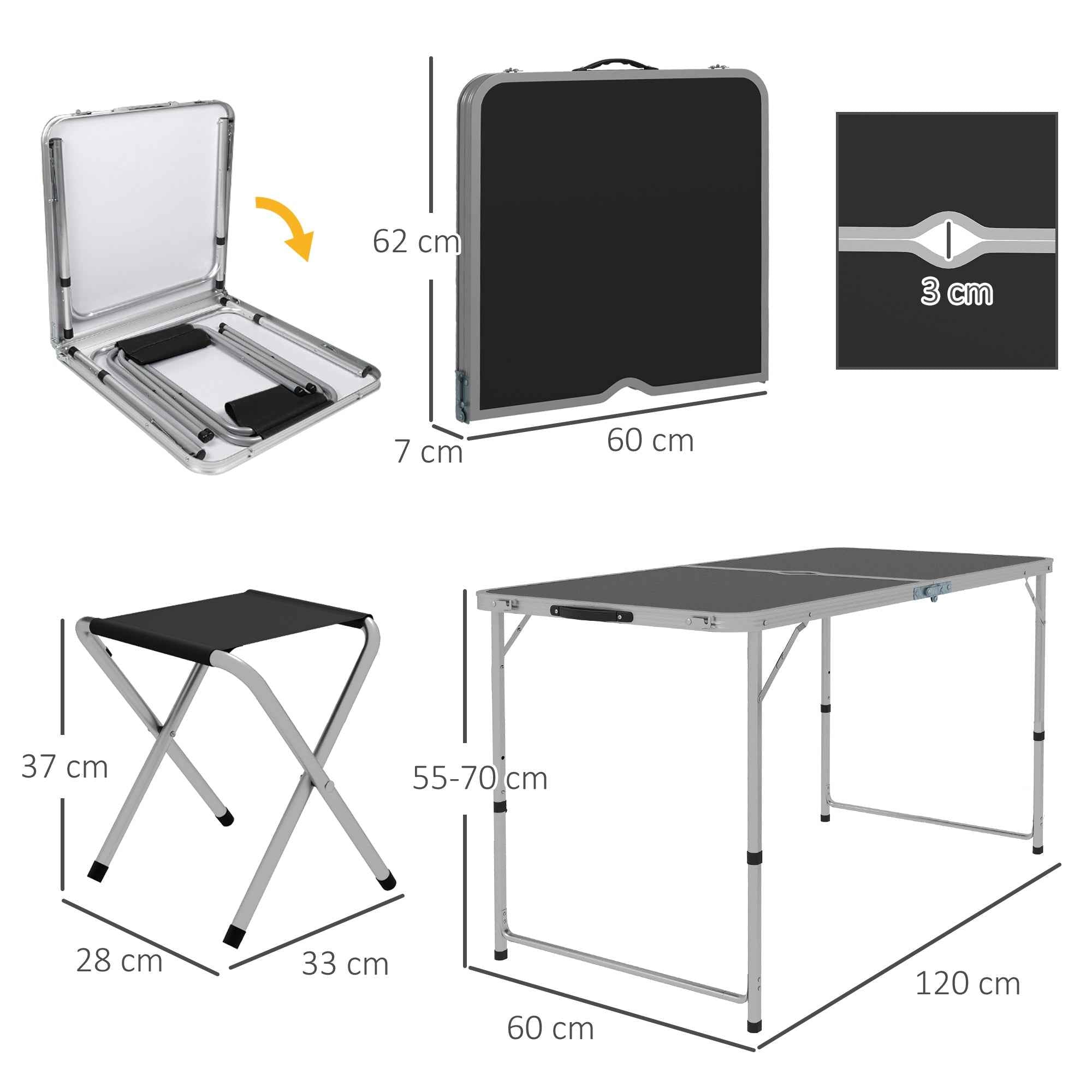 Outsunny Folding and Adjustable Camping Table Set with 4 Chairs and Umbrella Hole, Made of Aluminum and Wood, Black