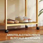 HOMCOM Freestanding Coat Rack with Rail, Shelves and 4 Bamboo Wheels, 70x35x175 cm, Natural Wood