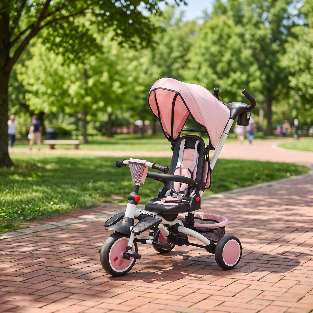 AIYAPLAY 6-in-1 Children's Tricycle with Push Handle and Swivel Seat, 111.5x52x98 cm, Pink