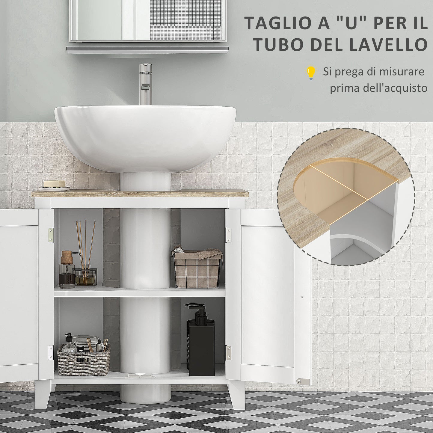 kleankin U-shaped bathroom vanity unit with adjustable internal shelf, in MDF, 60x30x60 cm, white and wood color